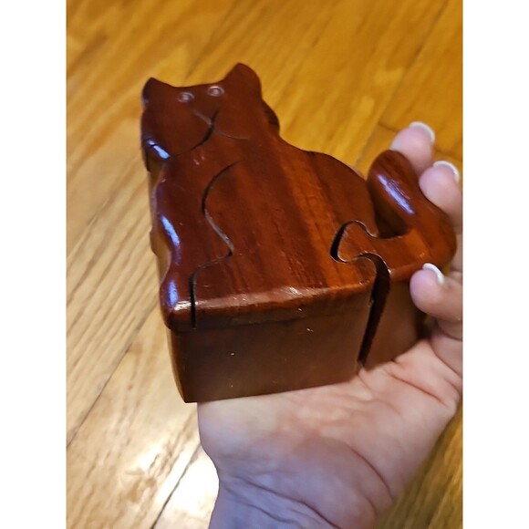 Vintage Wooden Cat Shaped Puzzle Trinket Box, 2.5" 4.5" x 4" - Picture 10 of 11